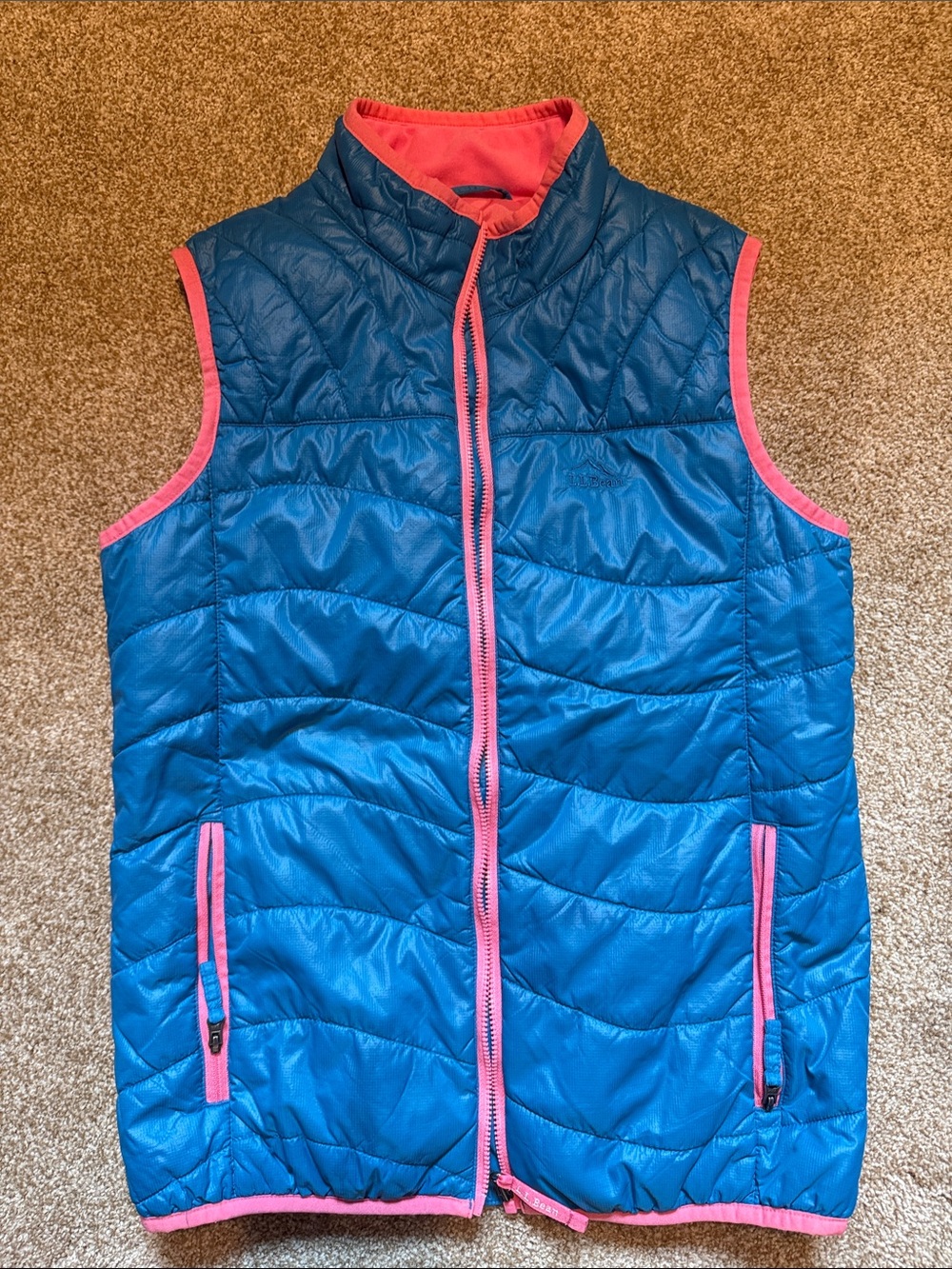 Girls L.L. Bean Teal Quilted Primaloft Vest with Pink Trim 14/16